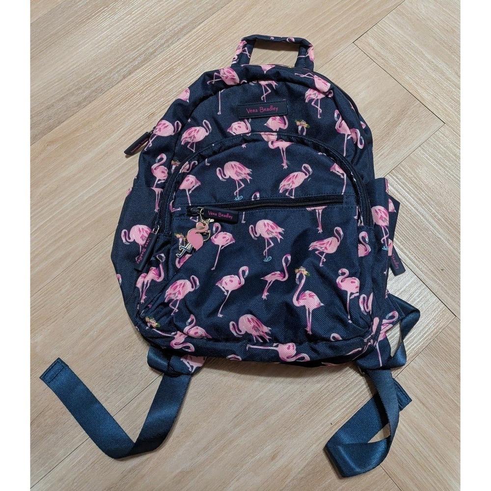 Vera Bradley Small Backpack Navy Pink Flamingo Print Tropical Mini Bag Charm